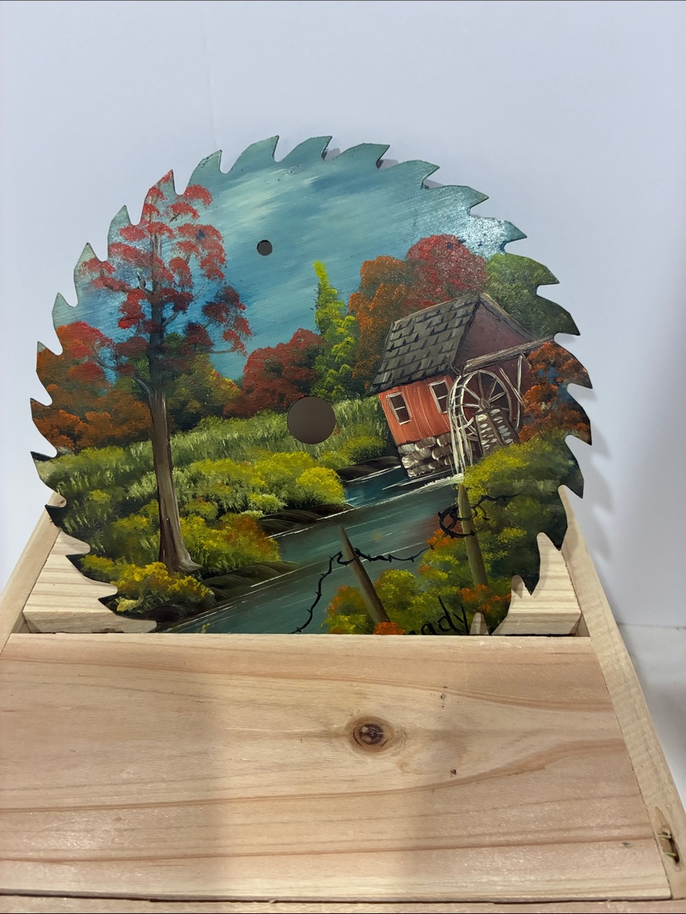 Hand-Painted Scenic Saw Blade - Red Mill by the River